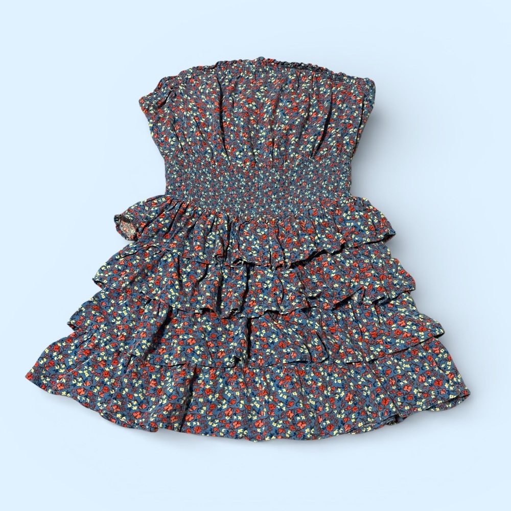 Women’s L Floral Tube Top Strapless Dress - Blue and Pink
